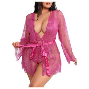 2106 2 Piece Lace Sheer Sexy Robe Sets Plus Size Lingerie Set Sleepwear